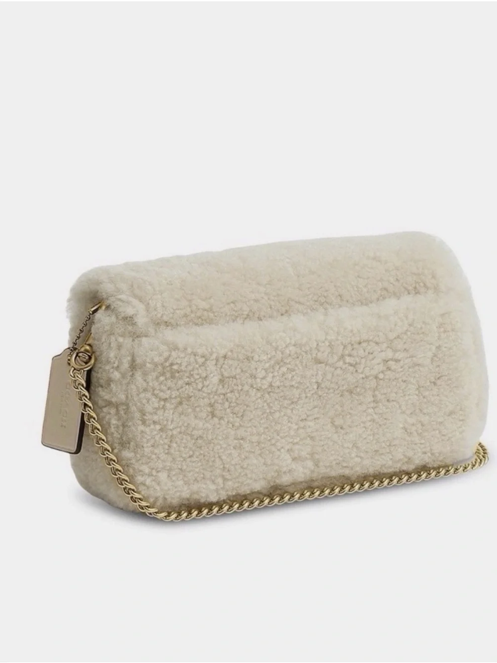 Coach Cream Shearling tabby chain crossbody 19 wristlet in shearling brass beige